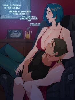 1boy 1girl absurdres alcohol blue_hair bracelet breast_sucking breasts brown_hair couch diforland dress gold_bracelet highres huge_breasts jewelry large_breasts looking_up lying_on_lap mole night nipple_stimulation nipples original photo_(object) red_dress sitting thick_thighs thighs