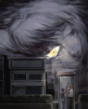 1boy 1girl backpack bag black_pants chainsaw_man city denji_(chainsaw_man) doeun_o_o flower grey_pants hair_bun highres holding holding_flower makima_(chainsaw_man) night outdoors pants phone_booth purple_hair reze_(chainsaw_man) ringed_eyes shirt short_hair white_flower white_shirt yellow_eyes