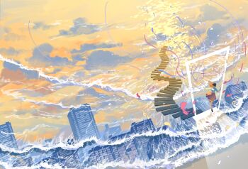 1girl absurdres beach cityscape doorway floating_stairs full_body highres korean_commentary light_rays long_hair long_sleeves looking_back original reflection reflective_water ryepe shirt skirt solo stairs standing standing_on_one_leg sunset water waves white_shirt