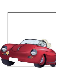 &gt;_&lt; 1girl absurdres black_border blonde_hair blue_hairband border car double-parted_bangs driving gambier_bay_(kancolle) hair_between_eyes hairband highres kantai_collection medium_hair motor_vehicle open_mouth outside_border peanut_mouth red_car solo tf_cafe twintails vehicle_focus vehicle_request white_background white_border