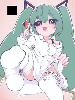 animal_ear_legwear aqua_hair black_sclera black_straps borrowed_clothes card cat_ear_legwear colored_sclera hatsune_miku holding holding_card lapi-p lifting_own_clothes long_hair mesugaki mimukauwa_nice_try_(vocaloid) presenting_foot raised_inner_eyebrows twintails uno_(game) very_long_hair vocaloid