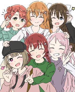 Rule 34 | 6+girls, :d, ;d, ^ ^, absurdres, ahoge, black hat, blue eyes, bob cut, braid, brown hair, bun with braided base, cardigan, closed eyes, closed mouth, commentary request, coral hair ornament, dress, emma verde, green cardigan, green eyes, green sweater, grin, hair bun, hair ornament, hat, heart, heart-shaped pupils, highres, hood, hoodie, inverted bob, jewelry, konoe kanata, long hair, long sleeves, looking at viewer, love live!, love live! nijigasaki high school idol club, love live! nijigasaki high school idol club the movie - finale, low twin braids, medium hair, multiple girls, nakasu kasumi, necklace, newsboy cap, notice lines, one eye closed, open mouth, osaka shizuku, pinafore dress, pink hair, pink hoodie, purple eyes, purple sweater vest, shirt, short hair, single side bun, sleeveless, sleeveless dress, smile, split mouth, star (symbol), sweater, sweater vest, symbol-shaped pupils, turtleneck, turtleneck sweater, twin braids, two side up, uehara ayumu, white shirt, yozorapi, zhong lanzhu