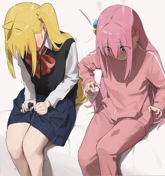 Rule 34 | 2girls, ahoge, black vest, blonde hair, blue hair, blue skirt, blush, bocchi the rock!, bow, bowtie, collared shirt, commentary, cube hair ornament, embarrassed, feet out of frame, gotoh hitori, hair ornament, hand up, head down, highres, ijichi nijika, jacket, long hair, long sleeves, medium skirt, multiple girls, pants, pink hair, pink jacket, pink pants, pleated skirt, polka dot, polka dot bow, polka dot bowtie, saliva, saliva trail, seisyuntarotto, shirt, side ponytail, sidelocks, sitting, skirt, skirt hold, track jacket, untranslatable commentary, vest, white shirt, wide-eyed