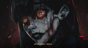 1girl absurdres black_hair black_lips blood blood_on_face bright_pupils brown_background colored_skin commentary cracked_skin embers english_commentary english_text grey_skin highres lips long_hair looking_down nose original parted_lips portrait red_eyes solo subtitled surprised symbol-shaped_pupils titanartx white_pupils wide-eyed