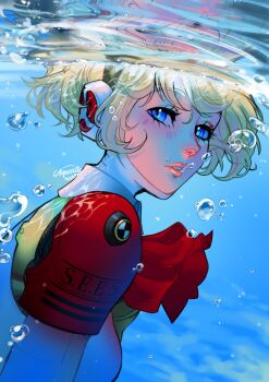 Rule 34 | 1girl, aigis (persona), air bubble, android, aquaxtic, armband, blonde hair, blue eyes, bow, bowtie, bubble, caustics, commentary, english commentary, from side, highres, joints, looking at viewer, parted lips, persona, persona 3, persona 3 reload, portrait, red armband, red bow, red bowtie, ripples, robot ears, robot joints, s.e.e.s, solo, twitter username, underwater