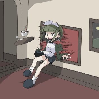 1girl apron black_skirt blunt_bangs coffee cup full_body grabbing_from_behind green_eyes green_hair green_kimono hair_ornament hairclip hand_on_another's_shoulder holding_another's_wrist indoors japanese_clothes kimono maid maid_apron maid_headdress mansion medium_hair miniskirt open_mouth original painting_(object) pleated_skirt pulling rug scared short_kimono skirt slippers socks solo teacup tearing_up teaspoon tomson_(tmsn_254) tray wa_maid white_socks wide_sleeves
