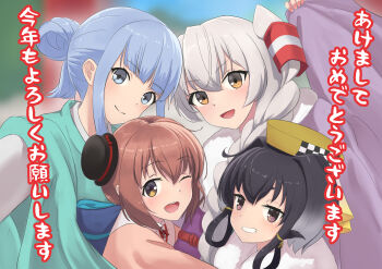 4girls akeome alternate_costume alternate_hairstyle amatsukaze_(kancolle) black_hair blue_hair blue_kimono bowler_hat brown_hair commentary_request grey_hair grin hair_bun hair_tubes happy_new_year hat hatsukaze_(kancolle) highres japanese_clothes kantai_collection kimono mini_hat multiple_girls new_year one_eye_closed selfie short_hair_with_long_locks smile tokitsukaze_(kancolle) upper_body yellow_hat yuki_4040 yukikaze_(kancolle)