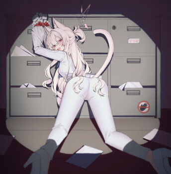 1girl akira_(blue_archive) animal_ear_fluff animal_ears ass bent_over blue_archive bound bound_wrists cabinet cat_ears cat_girl cat_tail caught commentary_request file_cabinet floor from_behind gloves halo high_heels highres kneeling long_hair looking_at_viewer looking_back mahou_gnome pants paper red_eyes shirt solo spotlight tail white_gloves white_hair white_pants white_shirt