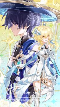 1boy 1girl anemo_symbol_(genshin_impact) arm_cutout arms_at_sides artist_request bare_shoulders black_bodysuit black_bow black_corset black_gloves blonde_hair blue_cape blue_feathers blue_flower blue_gem blue_hat blue_kimono blue_sleeves blue_trim blunt_ends bodysuit bow cape closed_mouth clothing_cutout commission corset cover covered_collarbone cropped_legs detached_sleeves dress eyeliner fake_cover feather_hair_ornament feathers flower gem genshin_impact gloves gold gold_shoes hair_flower hair_ornament halterneck hand_up hashtag-only_commentary hat highres index_finger_raised japanese_clothes jingasa juban kimono layered_sleeves looking_to_the_side lumine_(genshin_impact) makeup mandarin_collar multicolored_flower open_clothes open_hand open_kimono open_mouth outstretched_arm partially_fingerless_gloves pom_pom_(clothes) purple_eyes purple_hair purple_sash red_eyeliner sash scaramouche_(genshin_impact) scarf second-party_source shoes short_hair short_hair_with_long_locks short_sleeves sidelocks star_(symbol) star_symbol_background tassel thighhighs tsurime vambraces wanderer_(genshin_impact) watermark white_dress white_flower white_kimono white_scarf white_sleeves white_thighhighs white_trim yellow_eyes yellow_feathers