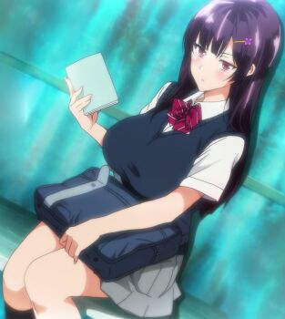 Rule 34 | 1girl, ajisai no chiru koro ni, bag, black socks, black sweater vest, blunt ends, blurry, blurry background, blush, book, bow, bowtie, breasts, brown eyes, closed mouth, collared shirt, dutch angle, grey skirt, hair ornament, hairclip, holding, holding book, kneehighs, large breasts, legs together, long hair, looking at viewer, pleated skirt, purple hair, school bag, school uniform, serious, shinomiya natsusha, shirt, short sleeves, sitting, skirt, socks, sweater vest, swept bangs, t-rex (animation studio), takeda hiromitsu, white shirt