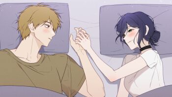 1boy 1girl black_choker blonde_hair blue_hair brown_shirt chainsaw_man choker closed_mouth denji_(chainsaw_man) eye_contact green_eyes hair_bun hetero highres looking_at_another lying on_back on_bed on_side reze_(chainsaw_man) ryu_miryu shirt short_hair smile white_shirt