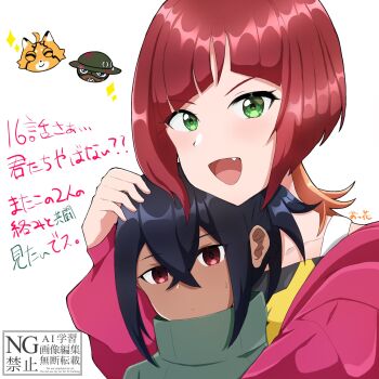 arubart_800 digimon digimon_beatbreak fang granit_(digimon) happy hug jacket sakuya_reina short_hair smile star_(symbol) translation_request