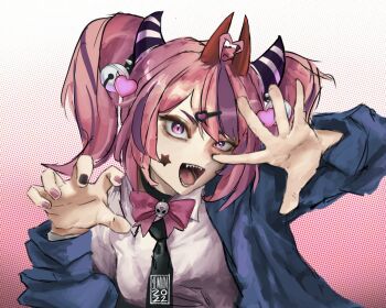 Rule 34 | 1girl, ahoge, bell, black nails, black necktie, blue jacket, bow, bow choker, breasts, chainsaw man, choker, claw pose, commentary, cosplay, hair bell, hair ornament, heart, heart ahoge, heart hair ornament, highres, horns, ironmouse, jacket, medium breasts, multicolored hair, multiple horns, necktie, open mouth, pink bow, pink eyes, pink hair, pink nails, power (chainsaw man), power (chainsaw man) (cosplay), purple hair, red horns, smile, solo, streaked hair, striped horns, taorotana, twintails, two-tone hair, v-shaped eyebrows, virtual youtuber, vshojo
