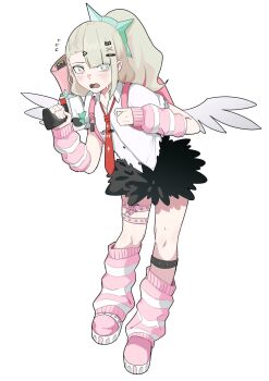 1girl bandaid bandaid_hair_ornament black_skirt blush chinatsu_remiel flying_sweatdrops full_body fur-trimmed_skirt fur_trim green_eyes green_hair hair_ornament hashtag-only_commentary highres holding holding_megaphone kurokoi_art leaning_forward leg_warmers looking_at_viewer megaphone multicolored_eyes multiple_hair_clips multiple_thigh_straps necktie open_mouth pink_arm_warmers pink_bag pink_eyes pink_leg_warmers pink_shoes ponytail print_necktie red_necktie ring_hair_ornament shirt shoes simple_background skirt solo striped_arm_warmers striped_leg_warmers sweat white_background white_shirt white_wings winged_bag wings zenless_zone_zero