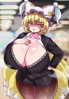 1girl alternate_costume animal_hat black_bra black_jacket black_skirt blonde_hair blurry blurry_background bra breasts brown_pantyhose cleavage collarbone collared_shirt commentary cowboy_shot english_commentary eyelashes fingernails fox_tail frown hand_on_own_chest hand_on_own_hip hat highres huge_breasts indoors jacket legs_together long_sleeves looking_at_viewer miniskirt mole mole_on_breast mole_under_eye multiple_tails narrowed_eyes office_lady ofuda ofuda_on_clothes pantyhose pencil_skirt red_nails seireiart shirt short_hair skirt solo standing steaming_body sweat tail tassel teeth touhou underwear v-shaped_eyebrows white_hat white_shirt yakumo_ran yellow_eyes