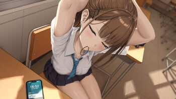 1girl absurdres aoi_tiduru arms_behind_head arms_up black_skirt blush breast_pocket breasts brown_hair chair classroom closed_eyes collared_shirt desk diagonal-striped_clothes diagonal-striped_necktie earrings facing_viewer from_above gyaru hair_ornament hair_tie_in_mouth hairclip highres indoors jewelry kogal long_hair medium_breasts miniskirt mole mole_under_eye mouth_hold necktie original pleated_skirt pocket ponytail school school_chair school_desk school_uniform shirt short_sleeves sitting skirt solo striped_clothes thighs tying_hair white_shirt