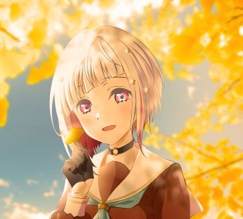 1girl :d absurdres aqua_neckerchief autumn_leaves black_choker blurry blurry_background bob_cut brown_dress choker colored_inner_hair commentary diagonal_bangs dress hair_ornament hasu_no_sora_school_uniform highres inverted_bob kujo_awenn leaf link!_like!_love_live! long_sleeves looking_at_viewer love_live! multicolored_hair neckerchief o-ring o-ring_choker open_mouth pink_eyes portrait red_hair sailor_collar sailor_dress school_uniform smile solo star_(symbol) star_hair_ornament streaked_hair virtual_youtuber white_hair white_sailor_collar winter_uniform yugiri_tsuzuri