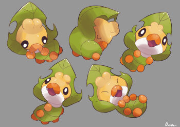 absurdres black_eyes bright_pupils closed_eyes closed_mouth commentary_request fangs full_body gen_5_pokemon grey_background highres multiple_views nintendo no_humans open_mouth ouran pokemon pokemon_(creature) sewaddle signature simple_background sleeping white_pupils