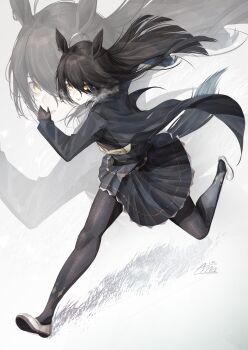 Rule 34 | 1girl, absurdres, ahoge, animal ears, annasui factory, black coat, black gloves, black hair, black pantyhose, black skirt, coat, collared shirt, ear tag, earrings, gloves, hair between eyes, highres, horse ears, horse girl, horse tail, jewelry, long bangs, long hair, long hair between eyes, long sleeves, manhattan cafe (creeping shadow) (umamusume), manhattan cafe (umamusume), multicolored hair, necktie, pantyhose, parted lips, pleated skirt, running, shirt, shoes, simple background, single earring, skirt, tail, umamusume, white hair, yellow eyes, yellow necktie, zoom layer