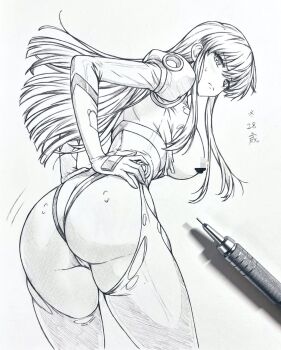 1girl art_tools_in_frame ass blunt_ends breasts censored censored_nipples character_request closed_mouth commentary_request eyelashes graphite_(medium) greyscale hand_on_own_hip leaning_forward looking_at_viewer looking_back mecha_pilot_suit monochrome mosaic_censoring seishun_dendeke shinkon_gattai_godannar!! solo sweat torn_clothes traditional_media