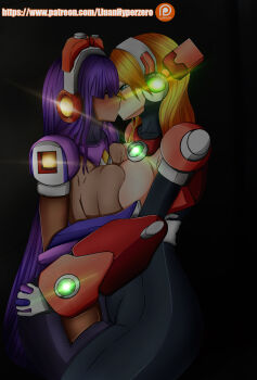 2girls alia_(mega_man) android blonde_hair blue_eyes blunt_bangs blush breast_press breasts capcom dark-skinned_female dark_skin gloves hair_between_eyes headset highres kiss large_breasts layer_(mega_man) lluanhyperzero long_hair mega_man_(series) mega_man_x_(series) multiple_girls purple_hair robot_ears symmetrical_docking white_gloves yuri