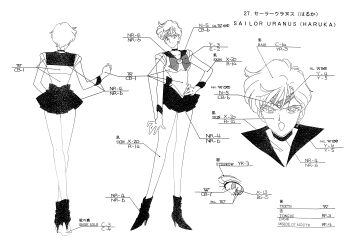 1990s_(style) 1girl absurdres bishoujo_senshi_sailor_moon bishoujo_senshi_sailor_moon_s bow brooch reference_sheet choker closed_mouth elbow_gloves gloves highres jewelry looking_at_viewer magical_girl miniskirt monochrome multiple_views official_art open_mouth retro_artstyle sailor_collar sailor_senshi_uniform sailor_uranus short_hair skirt smile standing star_(symbol) star_choker ten&#039;ou_haruka toei_company white_background wide_hips
