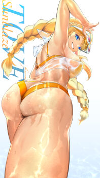 1girl absurdres alternate_costume artist_request ass ass_focus bikini blonde_hair blue_eyes blush braid breasts butt_crack from_behind from_below goddess_of_victory:_nikke grin highres huge_ass large_breasts long_hair looking_at_viewer looking_back looking_down official_alternate_costume see-through_clothes see-through_shirt shirt sideboob smile solo sunglasses sunglasses_on_head swimsuit thick_thighs thighs tove_(nikke) tove_(sunblaze)_(nikke) twin_braids very_long_hair wet wet_clothes