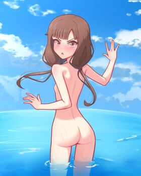 Rule 34 | 1girl, :o, ass, blush, brown eyes, brown hair, commentary, completely nude, day, english commentary, highres, iino miko, kaguya-sama wa kokurasetai ~tensai-tachi no renai zunousen~, long hair, looking at viewer, low twintails, moriforests, nude, skinny dipping, solo, twintails, wading, water