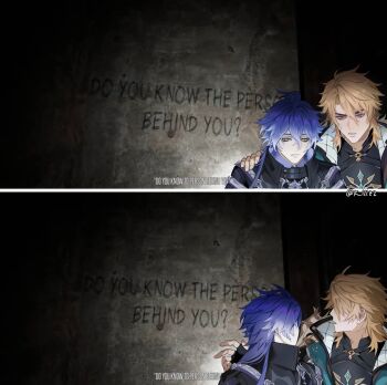 Rule 34 | 2boys, absurdres, blonde hair, blue eyes, blue hair, collared coat, commentary, do you know the person behind you? (meme), english text, facial scar, flins (genshin impact), genshin impact, hair between eyes, hand on another's shoulder, highres, long hair, looking back, male focus, medium hair, meme, mismatched eyebrows, multicolored hair, multiple boys, scar, scar on cheek, scar on face, scar on neck, screenshot background, symbol-only commentary, twitter username, two-tone hair, varka (genshin impact), white hair, yellow eyes, zaire