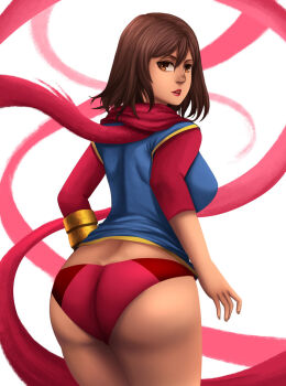 1girl animification ass brown_hair dark-skinned_female dark_skin hair_between_eyes juicy_ass kamala_khan looking_at_viewer looking_back marvel md5_mismatch ms._marvel panties resolution_mismatch roland-gin scarf short_hair solo source_smaller underwear