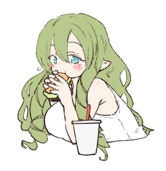 1girl armpit_crease bare_arms blue_eyes blush_stickers breasts burger cropped_torso cup disposable_cup double-parted_bangs drinking_straw eating food green_hair hair_between_eyes holding holding_burger holding_food large_breasts long_hair looking_at_viewer olto_rondo original pointy_ears shirt simple_background sleeveless sleeveless_shirt solo white_background white_shirt