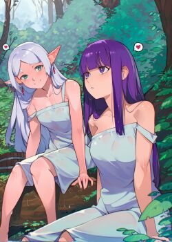 Rule 34 | 2girls, breasts, cesar art456, closed mouth, commentary, dress, earrings, elf, english commentary, fern (sousou no frieren), forest, frieren, green eyes, heart, highres, jewelry, long hair, looking at viewer, multiple girls, nature, off shoulder, open mouth, pointy ears, purple eyes, purple hair, sitting, sousou no frieren, speech bubble, spoken heart, wet, white dress, white hair, white mouth