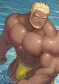 1boy abs bara beard blonde_hair bracelet bulge caustics chain clenched_hands closed_mouth crave_saga dark-skinned_male dark_skin earrings excalibur_(crave_saga) eyebrow_cut facial_hair forked_eyebrows gold_bracelet gold_chain highres jewelry large_pectorals looking_at_viewer male_focus male_swimwear mature_male muscular muscular_arms muscular_male nipples official_alternate_costume pectorals red_eyes rongjie short_hair smile solo thick_eyebrows thighs wading wet yellow_male_swimwear