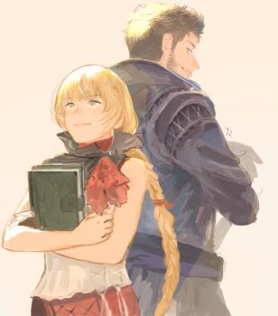 1boy 1girl back-to-back bare_arms bare_shoulders beard black_jacket blonde_hair blue_eyes book braid brown_hair camisole cidolfus_telamon commentary_request crossed_arms facial_hair father_and_daughter final_fantasy final_fantasy_xvi fingerless_gloves gloves hair_ribbon holding holding_book j2_path jacket long_hair looking_at_another midadol_telamon multi-tied_hair neckerchief red_neckerchief red_ribbon ribbon short_hair sideburns single_braid single_fingerless_glove smile upper_body white_camisole yellow_eyes