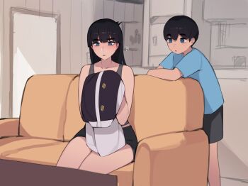 !? 1boy 1girl akiyama_fumika_(pepper0) akiyama_toru_(pepper0) black_hair blue_eyes blue_shirt blush brother_and_sister child confused cosplay couch door holding holding_unworn_clothes indoors kitchen lack_shorts leaning_on_object living_room long_hair original pepper0 phone shirt short_hair shorts siblings sitting source_request standing t-shirt table tank_top thighs wooden_table