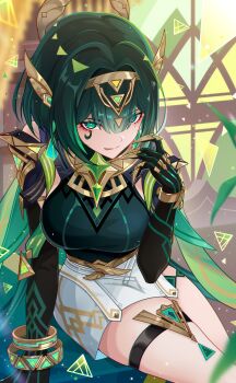 1girl absurdres ancient_egyptian_clothes black_gloves bracelet breasts claw_ring commentary_request ear_covers elbow_gloves eyes_visible_through_hair facial_mark gem genshin_impact gloves green_eyes green_gemstone green_hair hair_between_eyes hairband hand_rest headgear highres jewelry large_breasts looking_at_viewer m-1ng mole mole_under_eye nefer_(genshin_impact) short_hair sitting solo thigh_strap tongue tongue_out