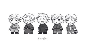 5boys :< absurdres axis_powers_hetalia baggy_pants belt blush_stickers boots bow bowtie breast_pocket buttons chibi chibi_only clenched_hands closed_eyes closed_mouth coat collared_jacket collared_shirt commentary_request cross cross_hair_ornament denmark_(hetalia) english_text finland_(hetalia) full_body glasses gloves greyscale hair_ornament half-closed_eyes highres iceland_(hetalia) jacket lapels long_sleeves looking_afar male_focus mi_aph_to military military_jacket military_uniform monochrome multiple_boys necktie norway_(hetalia) open_clothes open_jacket open_mouth pants pocket sailor_collar semi-rimless_eyewear shirt simple_background smile standing stuffed_animal stuffed_penguin stuffed_toy sweden_(hetalia) v-shaped_eyebrows