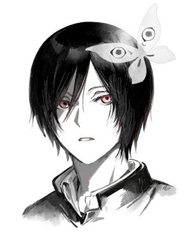 1boy animal bug butterfly commentary_request cropped_head gakuran greyscale hair_between_eyes highres insect kichigo_1218 looking_at_animal male_focus matoba_seiji monochrome natsume_yuujinchou parted_lips pink_eyes school_uniform short_hair simple_background solo spot_color white_background