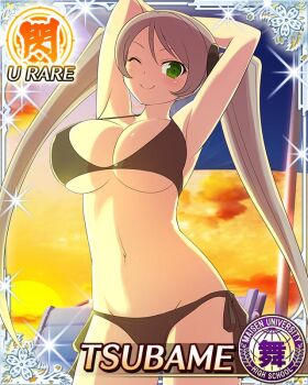 Rule 34 | 1girl, armpits, arms behind head, arms up, beach umbrella, bikini, black bikini, border, breasts, card (medium), character name, cleavage, closed mouth, game cg, green eyes, grey hair, groin, large breasts, long hair, looking at viewer, navel, official art, one eye closed, senran kagura, senran kagura new wave, smile, solo, sunset, swept bangs, swimsuit, third-party source, tsubame (senran kagura), twintails, umbrella, very long hair