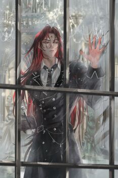 1boy against_window ajsaart belt black_coat black_gloves black_necktie black_vest chandelier coat collared_shirt commentary condensation curtained_hair facial_mark feet_out_of_frame forehead_mark gloves hand_up highres indoors lapel_chain long_hair long_sleeves lord_of_the_mysteries male_focus medici_(lord_of_the_mysteries) necktie parted_lips red_eyes red_hair scabbard sheath shirt single_glove solo spread_fingers statue symbol-only_commentary very_long_hair vest white_shirt window_fog