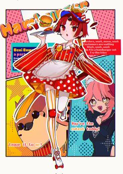 2girls apron asymmetrical_legwear beni-enma bird black_bodysuit bodysuit burger english_text fate/grand_order fate_(series) food french_fries heart heart-shaped_pupils highres koyanskaya_(fate) low_ponytail mismatched_legwear multiple_girls pink_hair polka_dot polka_dot_skirt ponytail red_eyes red_hair roller_skates siho_is_alien skates skirt sparrow symbol-shaped_pupils tray visor_cap waitress wide_sleeves yellow_eyes