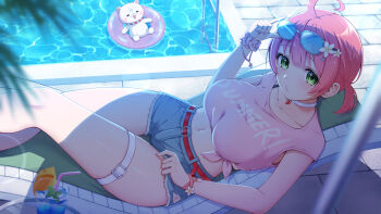 1girl 35p_(sakura_miko) absurdres adjusting_eyewear afloat ahoge bead_bracelet beads belt blue_shorts blurry blurry_foreground blush bracelet breasts chair choker commentary day denim denim_shorts drinking_straw english_commentary eyewear_on_head feet_out_of_frame glint green_eyes hand_on_eyewear highres hololive innertube jewelry large_breasts looking_at_viewer lounge_chair midriff mira_bluesky3 navel o3o official_alternate_costume outdoors palm_leaf pink_hair pink_scrunchie pink_shirt pool pool_ladder poolside reclining red_belt sakura_miko sakura_miko_(holonatsu_paradise) scrunchie shade shirt short_shorts short_sleeves shorts solo sunglasses swim_ring thigh_belt thigh_strap tied_shirt tropical_drink virtual_youtuber white_belt white_choker wrist_scrunchie