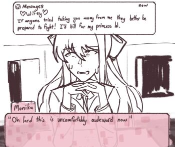 1girl blazer bow bowtie character_name commentary desk doki_doki_literature_club english_commentary english_text floor hair_between_eyes hair_bow hands_up high_ponytail indoors jacket lapels long_hair long_sleeves looking_afar monika_(doki_doki_literature_club) monochrome open_clothes open_jacket own_hands_together ponytail school_desk school_uniform sidelocks solo sweat teeth window zappyz