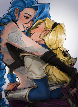 Rule 34 | 2girls, armor, asymmetrical bangs, bare shoulders, black gloves, black hairband, blonde hair, blue hair, braid, commentary, english commentary, fingerless gloves, fluffehhhhh, gloves, hairband, highres, hug, jinx (league of legends), league of legends, long hair, long sleeves, lux (league of legends), multiple girls, pants, pink eyes, purple pants, simple background, white background, yuri