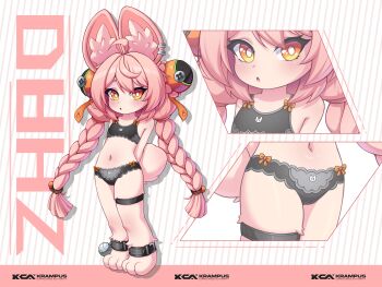 1girl absurdres ahoge animal_ear_fluff animal_ear_piercing animal_ears animal_feet arms_behind_back black_bra black_panties bra braid character_name flat_chest furry furry_female hair_ornament highres katsurou_(katsurou_yome) loli long_hair navel open_mouth orange_eyes panties pink_fur pink_hair rabbit_ears rabbit_girl rabbit_tail sphere_hair_ornament standing tail thigh_strap twin_braids uncensored underwear underwear_only very_long_hair zenless_zone_zero zhao_(zenless_zone_zero)