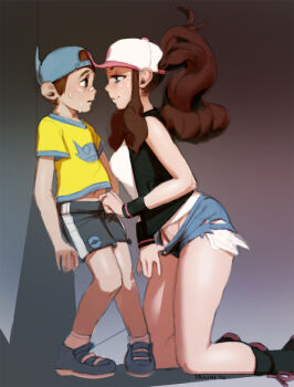 10s 1boy 1girl against_wall age_difference assertive_female bandaid bandaid_on_face bandaid_on_nose baseball_cap blue_eyes blush breasts brown_eyes brown_hair clothes_pull cutoffs denim denim_shorts eye_contact female_pubic_hair femdom gen_3_pokemon hat height_difference hetero hilda_(pokemon) kneeling long_hair looking_at_another medium_breasts nintendo no_panties npc_trainer onee-shota pokemon pokemon_(creature) pokemon_bw ponytail pubic_hair pulling_own_clothes sableye shirt short_shorts shorts shorts_pull shota sidelocks size_difference sweat t-shirt triuni vest you_gonna_get_raped youngster_(pokemon)