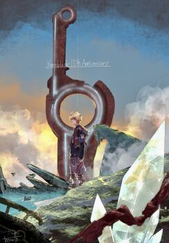 1boy anniversary artist_name blonde_hair cloud commentary_request copyright_name crystal highres male_focus monado on_grass outdoors scenery short_hair shulk_(xenoblade) signature solo standing toosut0 xenoblade_chronicles_(series) xenoblade_chronicles_1