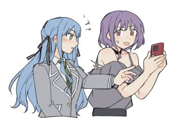 Rule 34 | 2girls, bang dream!, bang dream! it's mygo!!!!!, bare shoulders, black choker, black ribbon, blue hair, blush, cellphone, choker, collared shirt, commentary, ear blush, grey jacket, grey shirt, hair ribbon, haneoka school uniform, hashtag-only commentary, highres, holding, holding phone, jacket, jenjen, multiple girls, off-shoulder shirt, off shoulder, phone, pink eyes, purple hair, ribbon, school uniform, shirt, short hair, simple background, smartphone, squiggle, sweat, togawa sakiko, two side up, white background, white shirt, yellow eyes, yuutenji nyamu