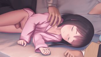 1boy 1girl 3d age_difference animated animated_gif black_pants blush bottomless brown_hair buttons censored closed_eyes closed_mouth collarbone custom_udon dot_nose flat_chest hand_on_another&#039;s_shoulder loli long_sleeves looping_animation lying medium_hair no_panties on_bed on_side original pants pijama pillow pink_skirt shirt size_difference skirt sleep_molestation thigh_sex white_shirt