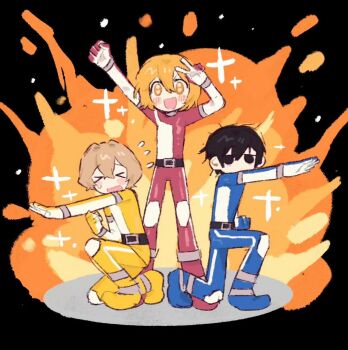 1girl 2boys arm_up arms_up bad_tag belt black_belt black_eyes black_hair blonde_hair blue_bodysuit blush bodysuit commentary_request don_quixote_(project_moon) explosion flying_sweatdrops limbus_company multiple_boys open_mouth parody pink_bodysuit project_moon sinclair_(project_moon) smile sparkle sweat tokusatsu v yellow_bodysuit yesheng_zong_ren yi_sang_(project_moon)